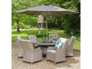 LeisureGrow - Lyon 6 Seat Dining Set with Deluxe 3m Parasol & Lazy Susan Brown/Wheat