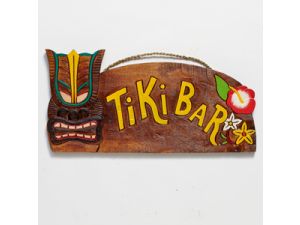 'Tiki bar' sign with mask and flowers