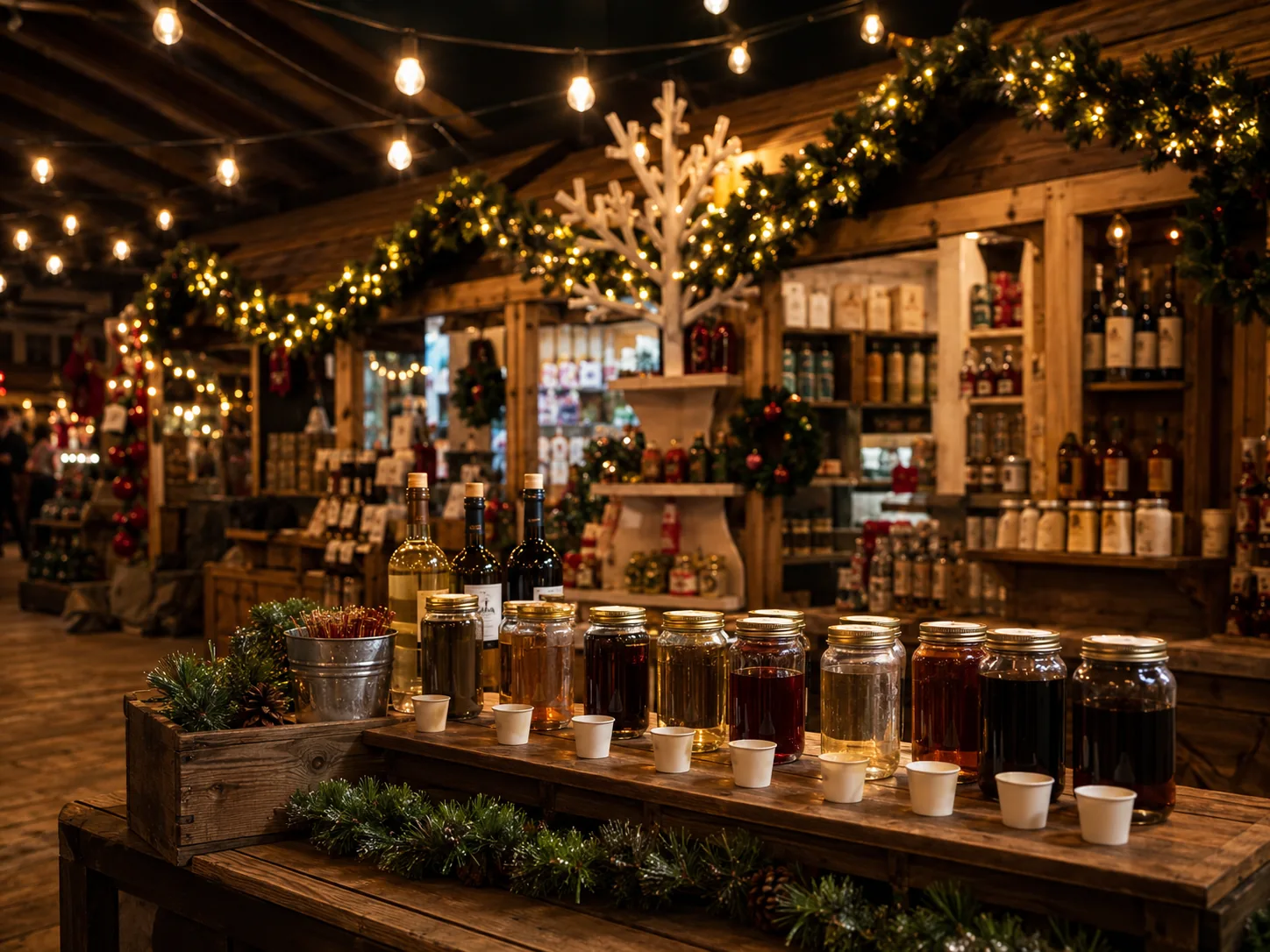 Festive tasting table in a warm Christmas market setting